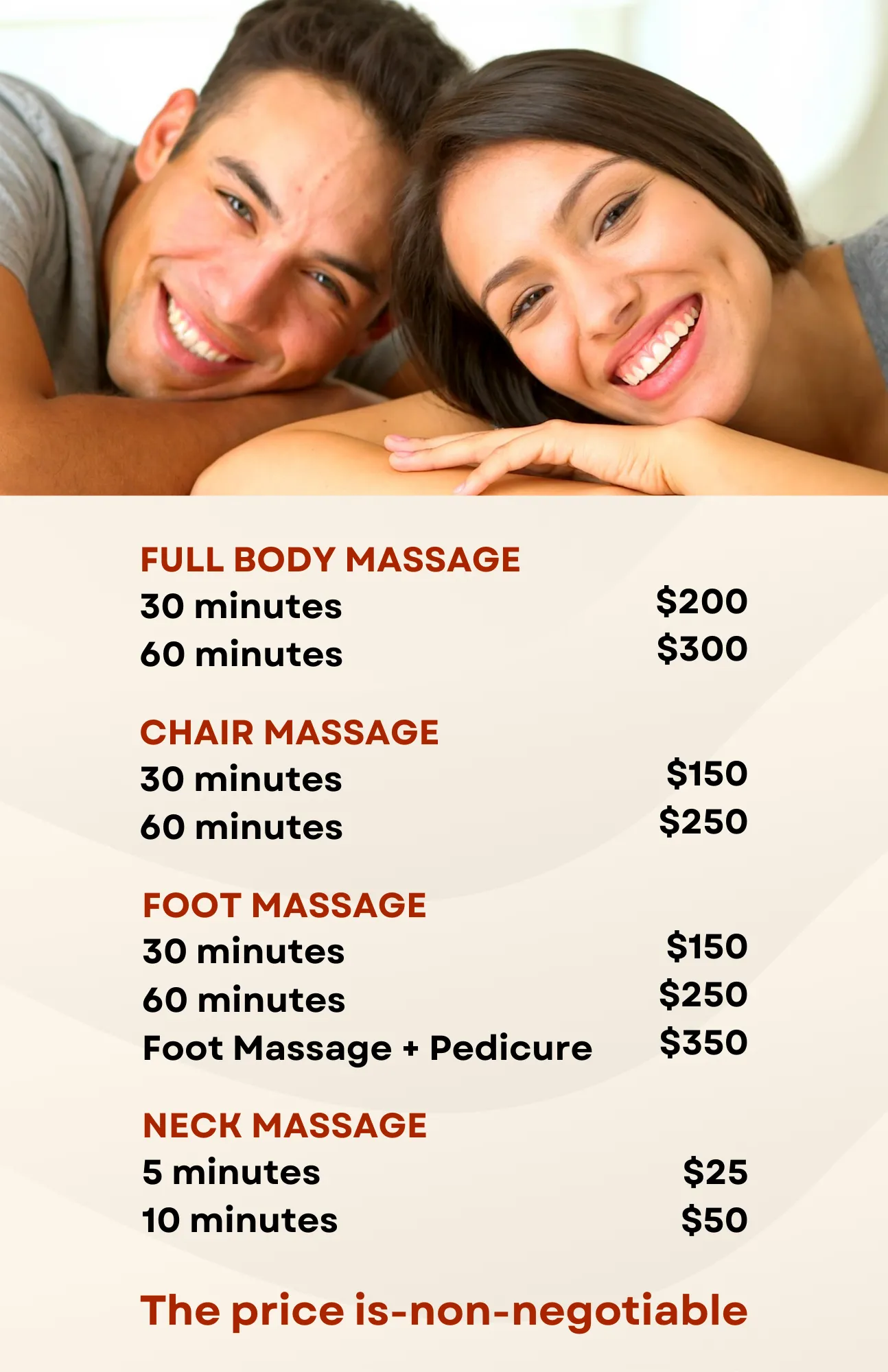 Zen Mobile Spa massage and facial service price list